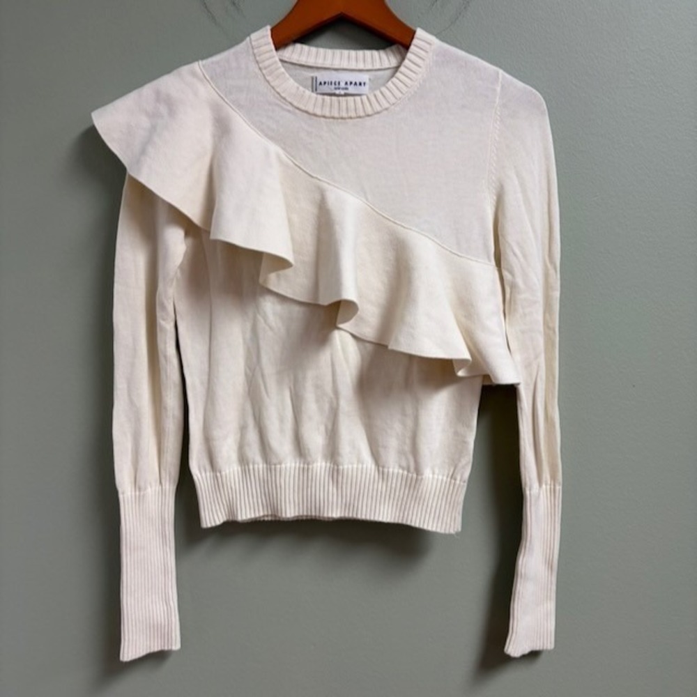 Apiece Apart Sweater Womens S Cream Cotton Ruffle Trim Crew Neck Designer